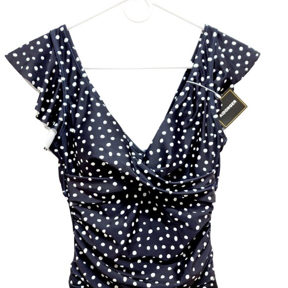 Polka Dot Ruffle One-Piece Swimsuit With Wrap Tie - Aidonger Size S Navy White - Picture 5 of 10
